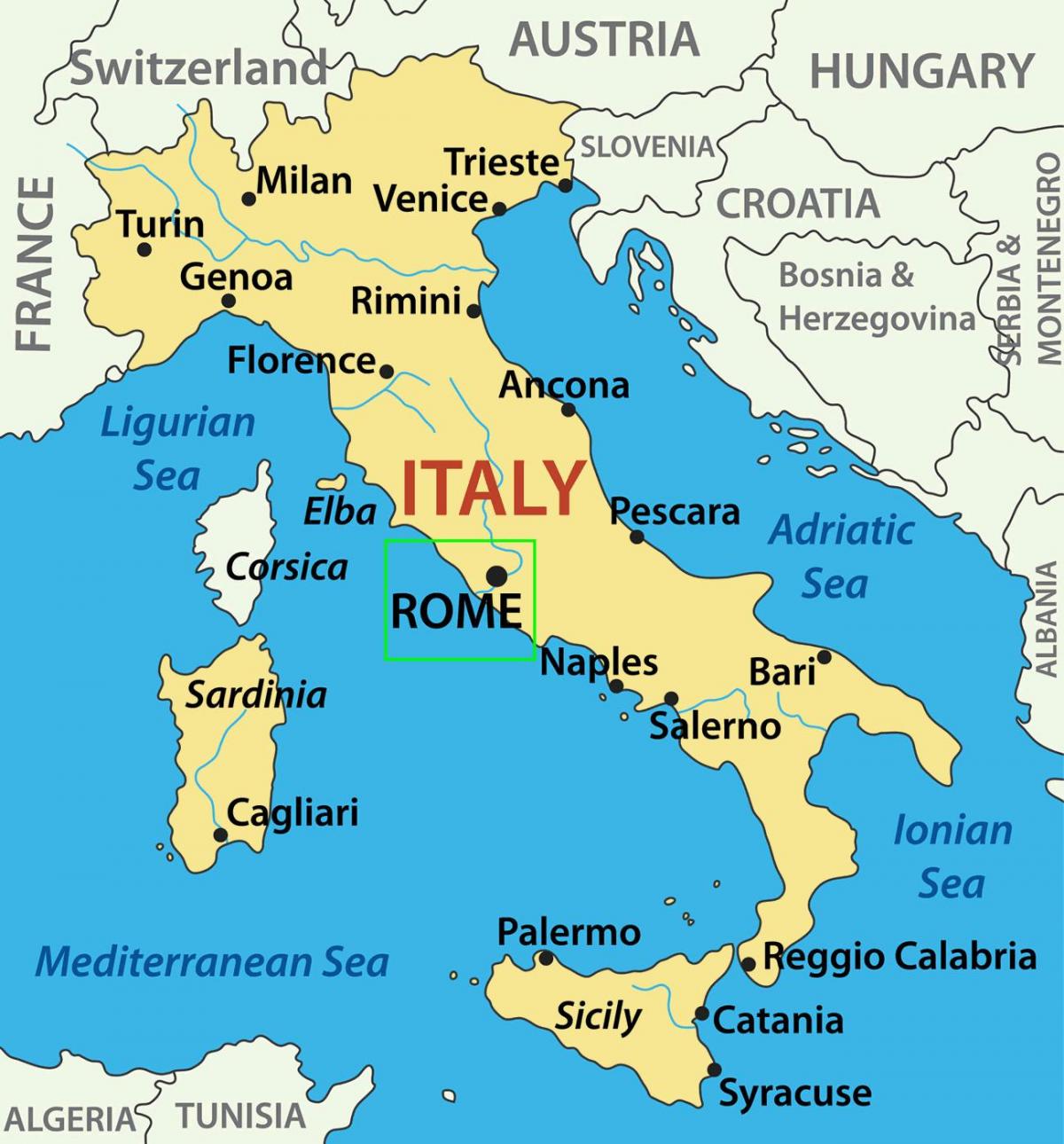 地图上的意大利表示罗马